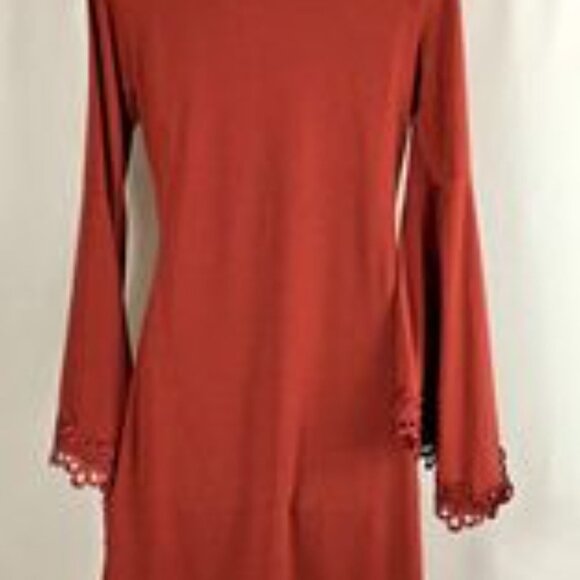 HAANI New York V-Neck Burgundy Dress Long Bell Eyelet Sleeve Petite Small NWT - Picture 5 of 10